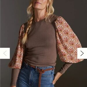 Buttoned Puff-Sleeve Knit Top - Brown with Printed Sleeves